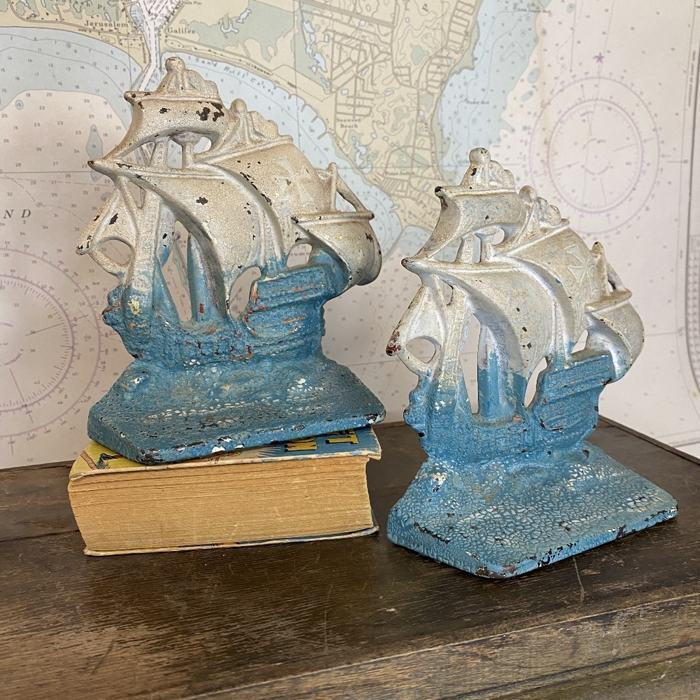 Vintage Cast Iron Bookends Nautical Sailing Pirate Ship Beach Coastal Turquoise